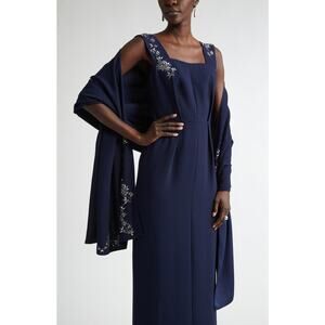 St. John Satin Back Crepe Dress with Bow & Shawl Dress Sz 10 NWOT